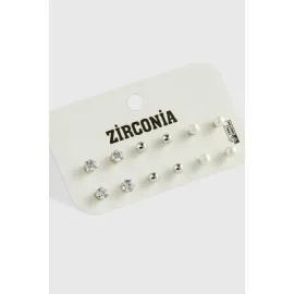 12 Adet İnci Zirkon Tek Taşlı Küpe-Gümüş Rengi