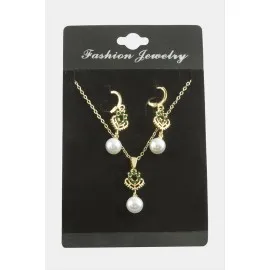 Kalp İnci Zirkon Taşlı Set Kolye-Yeşil