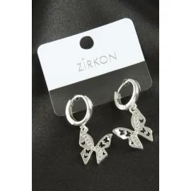 Kelebek Zirkon Taşlı Küpe-Gümüş Rengi