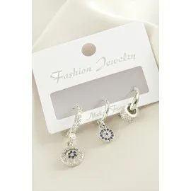 3 Adet Nazar Zirkon Taşlı Küpe-Gümüş Rengi