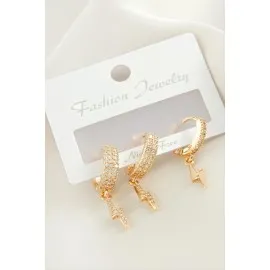 3 Adet Şimşek Zirkon Taşlı Küpe-Gümüş Rengi