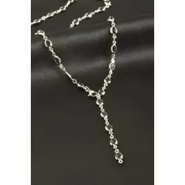 Oval Zirkon Taşlı Çelik Y Kolye-Mor