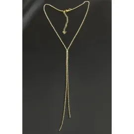 Çift Şerit Taşlı Çelik Kolye 2 Mm-Sarı