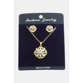 Çiçek Zirkon Taşlı Set Kolye-Gümüş Rengi