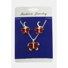Kelebek Zirkon Taşlı Set Kolye-Kırmızı