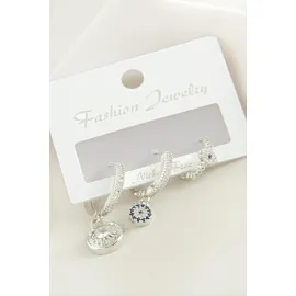 3 Adet Göz Zirkon Taşlı Küpe-Gümüş Rengi