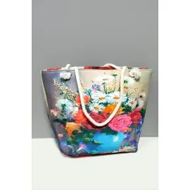 Gül Desenli Plaj Çantası-Açık Mavi