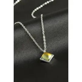 Kare Cam Kolye-Gümüş Rengi