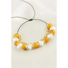 İnci Boncuk Zincirli Bileklik-Sarı