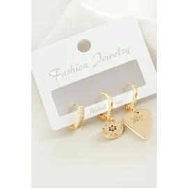 3 Adet Kalp Zirkon Taşlı Küpe-Gümüş Rengi