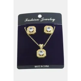 Kare Zirkon Taşlı Set Kolye-Gümüş Rengi