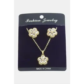 Çiçek Zirkon Taşlı Set Kolye-Gümüş Rengi