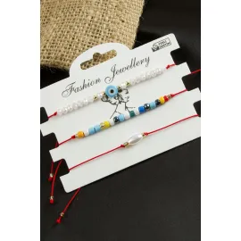 3 Adet Nazar Kristal Kum Boncuk Bileklik-Kırmızı