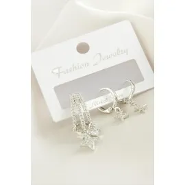 3 Adet Yıldız Zirkon Taşlı Küpe-Gümüş Rengi