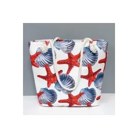 Deniz Yıldızı İstiridye Desenli Plaj Çantası-Beyaz