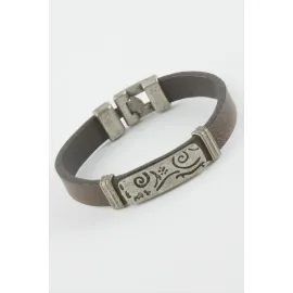 Çini Desenli Suni Deri Bileklik-Kahverengi