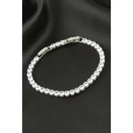Yuvarlak Zirkon Taşlı Lüks Kararmaz Bileklik 4 mm-Gümüş Rengi