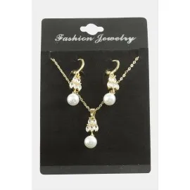 Kalp İnci Zirkon Taşlı Set Kolye-Kırmızı