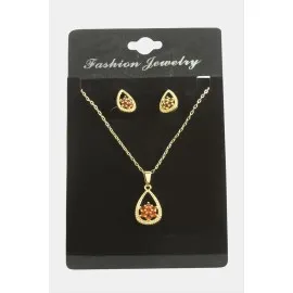 Oval Kartanesi Zirkon Taşlı Set Kolye-Kırmızı