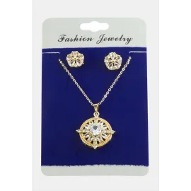 Çiçek Zirkon Taşlı Set Kolye-Gümüş Rengi