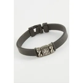 Çini Desenli Kaliteli Suni Deri Bileklik-Siyah