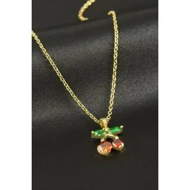 Kiraz Zirkon Taşlı Çelik Kolye-Sarı