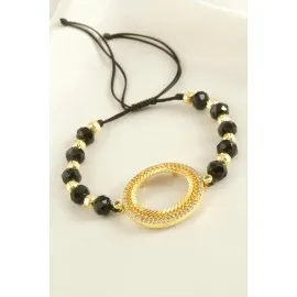 Çeyrek Altın Koyulabilir Kristal Taşlı Bileklik-Siyah