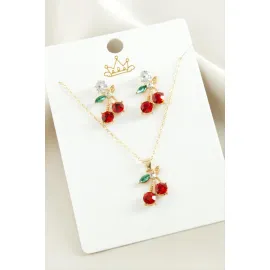 Kiraz Zirkon Taşlı Set Kolye-Kırmızı