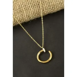 Çivi Zirkon Taşlı Lüks Çelik Kolye-Sarı