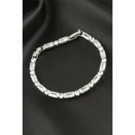 Dikdörtgen Zirkon Taşlı Lüks Kararmaz Bileklik 4X9 mm-Gümüş Rengi