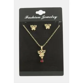 Kelebek Zirkon Taşlı Set Kolye-Kırmızı