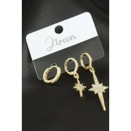 3 Adet Şimşek Zirkon Taşlı Küpe-Gümüş Rengi