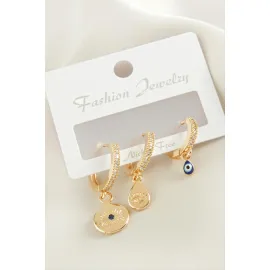 3 Adet Göz Zirkon Taşlı Küpe-Sarı