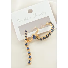 3 Adet Kalp Zirkon Taşlı Küpe-Sarı