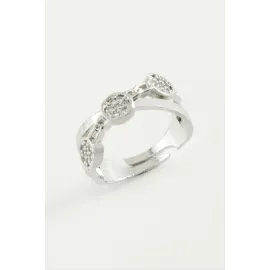 Çapraz Yuvarlak Zirkon Taşlı Yüzük-Gümüş Rengi