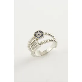 Kare Nazar Taşlı Yüzük-Gümüş Rengi