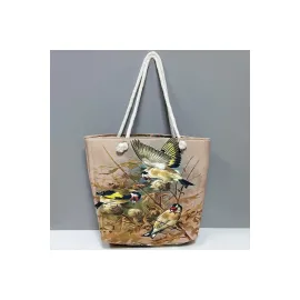 Kuş Desenli Plaj Çantası-Kahverengi