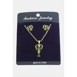 Kalp Zirkon Taşlı Set Kolye-Yeşil