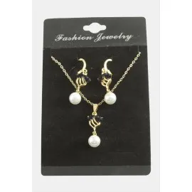 Çiçek İnci Zirkon Taşlı Set Kolye-Kırmızı