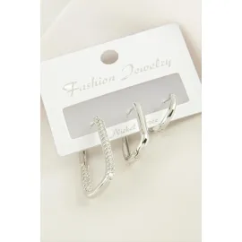 3 Adet Oval Zirkon Taşlı Küpe-Gümüş Rengi