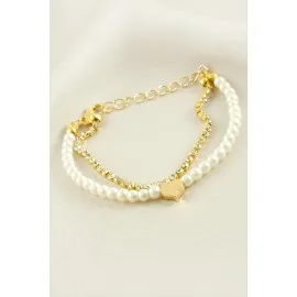 Kalp Şerit Taşlı İnci Bileklik-Gümüş Rengi