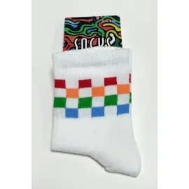 Renkli Küp Desenli Kolej Çorap 8X28-Beyaz