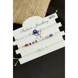 3 Adet Nazar Kristal Kum Boncuk Bileklik-Kırmızı