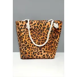 Leopar Desenli Plaj Çantası-Kahverengi