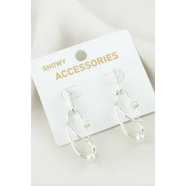 Oval İnci Metal Küpe-Gümüş Rengi