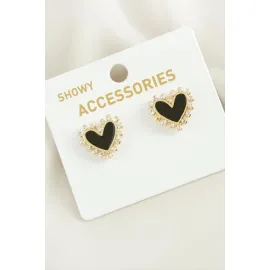 Kalp Sedef Taşlı Metal Küpe-Krem