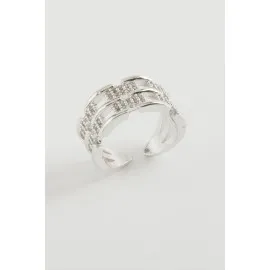 Zincir Şekilli Zirkon Taşlı Yüzük-Gümüş Rengi