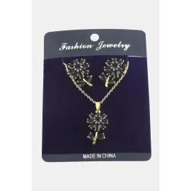 Papatya Zirkon Taşlı Set Kolye-Siyah