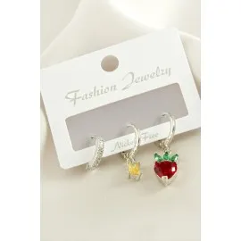 3 Adet Kalp Zirkon Taşlı Küpe-Gümüş Rengi