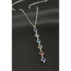 Kristal Taşlı Çelik Kolye-Gümüş Rengi